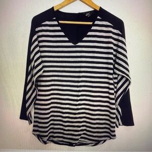 DH3 Womans Black/Gray Striped Dolman Sleeves Pullover Top Size L